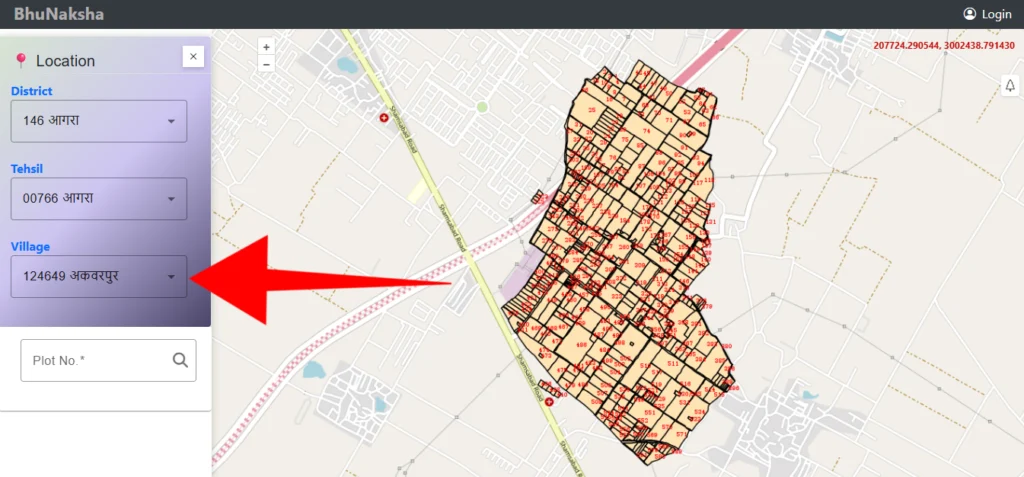 UP Bhulekh Naksha - उत्तर प्रदेश भू-नक्शा ऑनलाइन देखें 1 UP Bhulekh Naksha वेबसाइट खुलने के बाद आपके डिवाइस के स्क्रीन पर बाईं तरफ एक विकल्प दिखाई देगा, जहां आपको जिला, तहसील और गांव को सेलेक्ट करना होगा। जैसे ही आप गांव का नाम चुनते हैं, उस गांव का पूरा भू-नक्शा आपकी स्क्रीन पर खुल जायेगा।