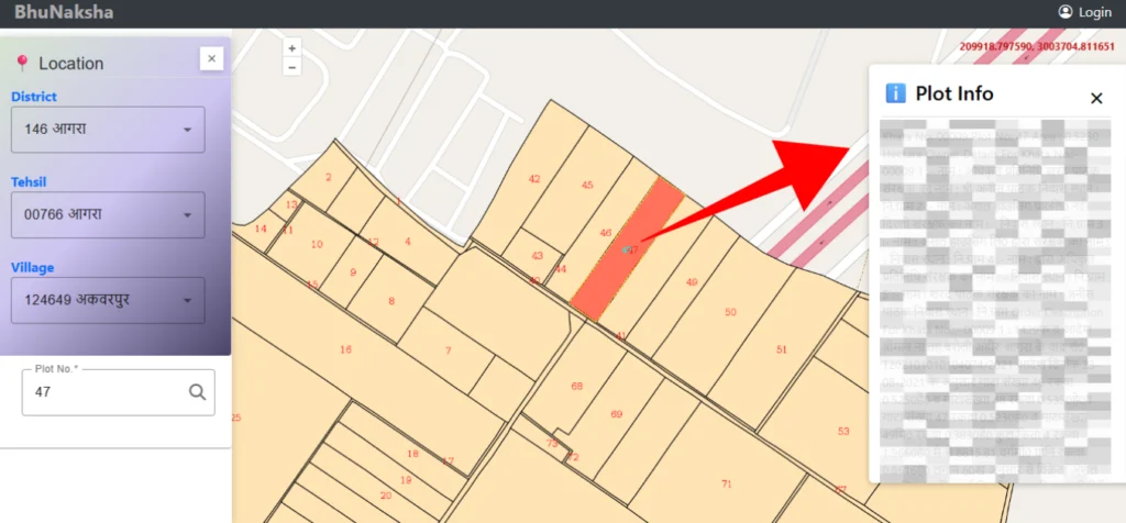 UP Bhulekh Naksha - उत्तर प्रदेश भू-नक्शा ऑनलाइन देखें 3 प्लॉट या खसरा नंबर चुनने के बाद, अब स्क्रीन पर आपकी जमीन से जुड़ी पूरी जानकारी जैसे - खसरा नंबर, जमीन कितनी है (क्षेत्रफल), जमीन किस तरह की है, जमीन मालिक की जानकारी दाईं तरफ दिखाई देने लगेगा।