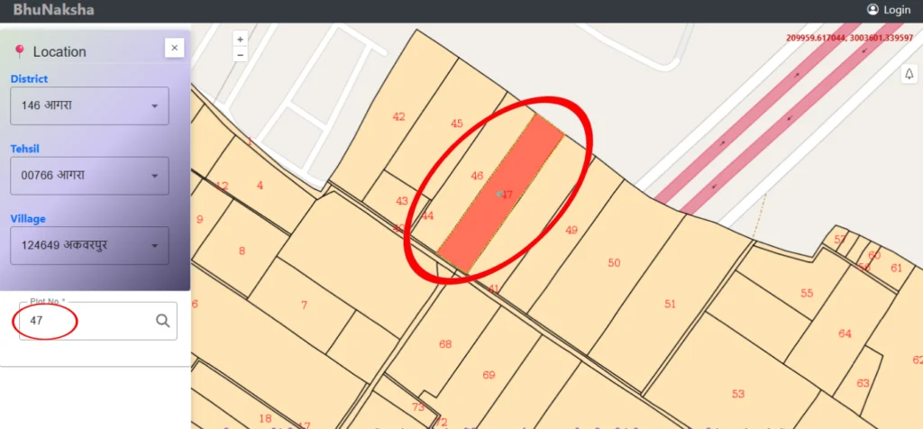 UP Bhulekh Naksha - उत्तर प्रदेश भू-नक्शा ऑनलाइन देखें 2 नक्शे में अपनी जमीन का प्लॉट नंबर या खसरा नंबर ढूँढें। अगर आपके पास खसरा नंबर पहले से है, तो उसे भरते ही सीधे आपकी जमीन का नक्शा दिख जाएगा। नक्शे में आपकी जमीन अलग रंग से दिखाई देगी, जिससे पहचान करना आसान हो जाता है।